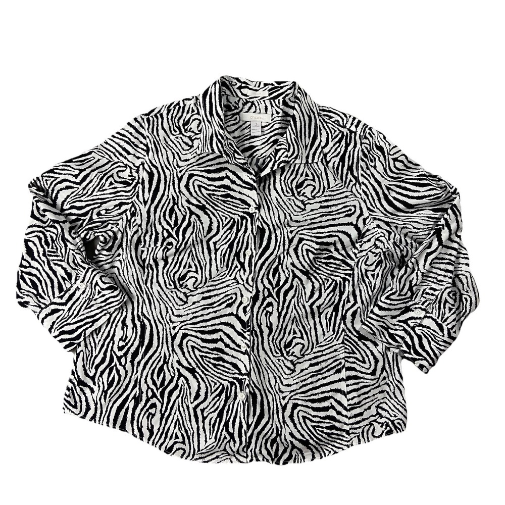 Chico's 100% Cotton No Iron 3/4 Sleeve Button Up Zebra Print Women's XL (3)